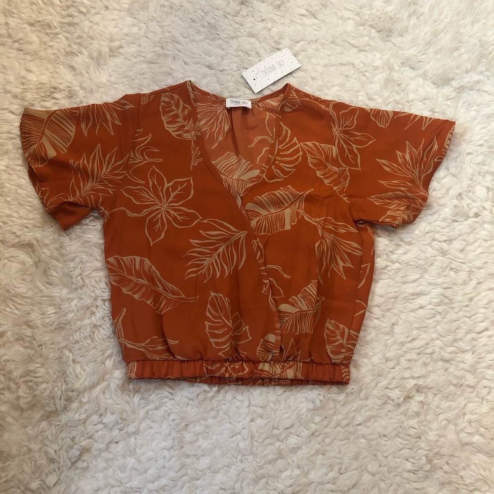 NWT Orange Leaf Patterned Cropped Wrap Blouse